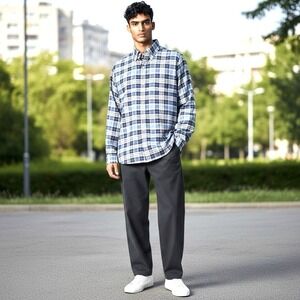 Polo Ralph Lauren BIG Shirt Men Lg Blue Plaid Cotton Button Down Oxford Shirt